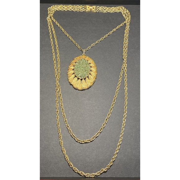 Crown Trifari Statement Necklace Three Strand Green Stone Oval Pendant Gold Tone